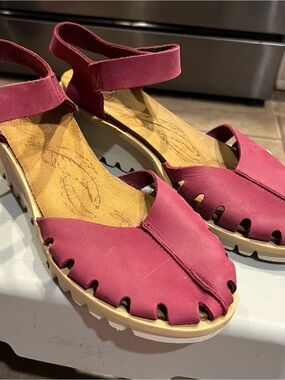 Loints of Holland Cute Wedge Sandal w/ Ankle Strap and Cut Outs- Plum Wine